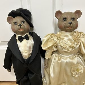 Vintage Set Ceramic Bear Dolls Figures Bride and Groom 16" Tall Soft Body